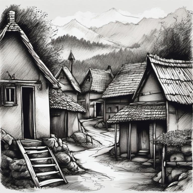 Sketch,Sketch, Village, village, no humans, monochrome, scenery, greyscale, stairs, house, outdoors