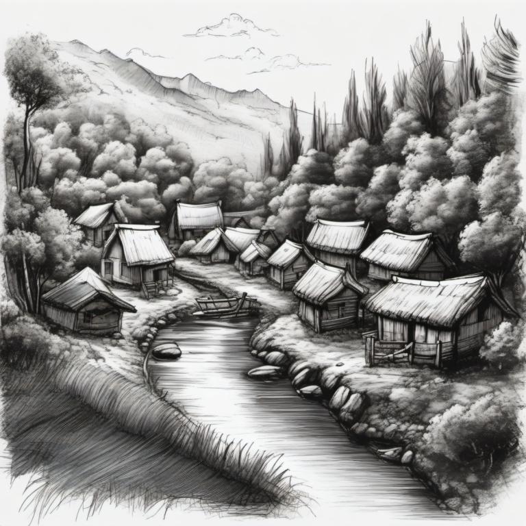 Sketch,Sketch, Village, village, no humans, monochrome, greyscale, scenery, tree, nature, outdoors, forest