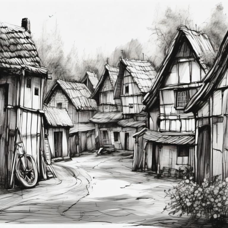 Sketch,Sketch, Village, village, monochrome, greyscale, no humans, scenery, house, road, flower, building