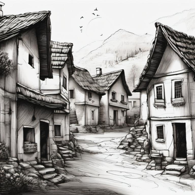 Sketch,Sketch, Village, village, monochrome, no humans, scenery, greyscale, house, bird, building, outdoors