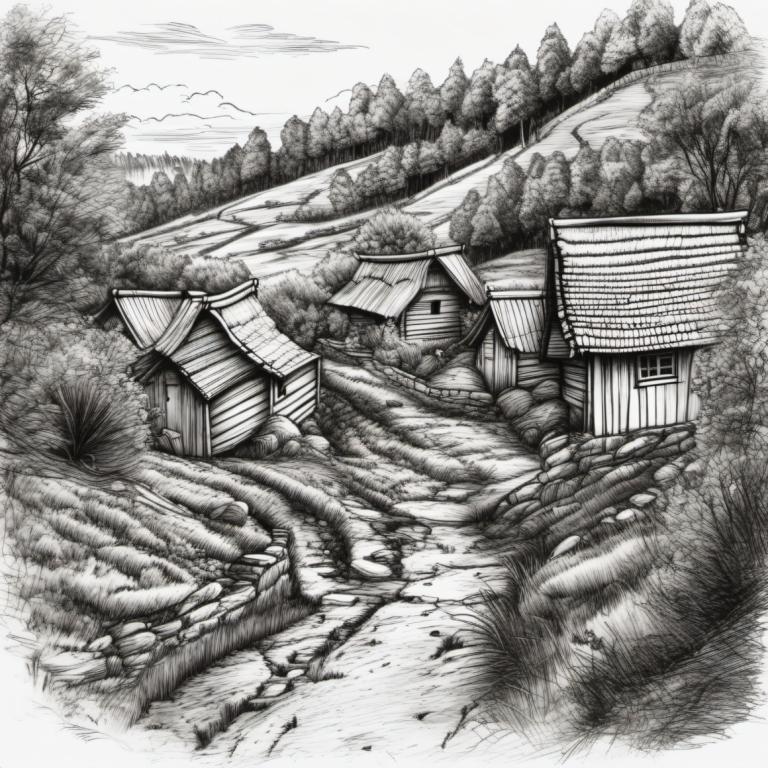 Sketch,Sketch, Village, village, no humans, monochrome, scenery, greyscale, tree, traditional media