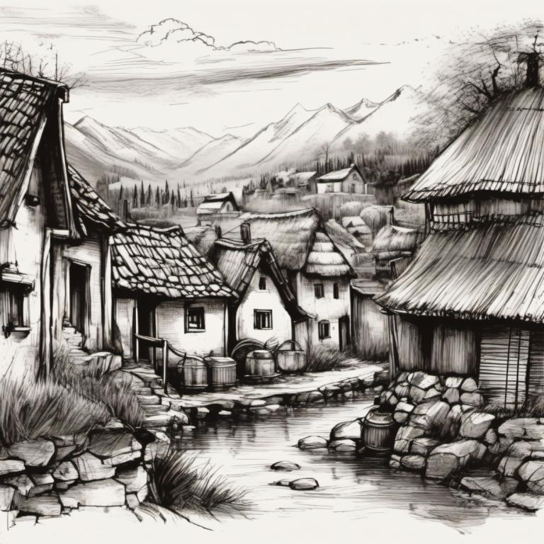 Sketch,Sketch, Village, village, no humans, monochrome, scenery, greyscale, mountain, architecture, house