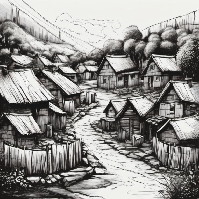 Sketch,Sketch, Village, village, monochrome, no humans, greyscale, scenery, house, traditional media, tree