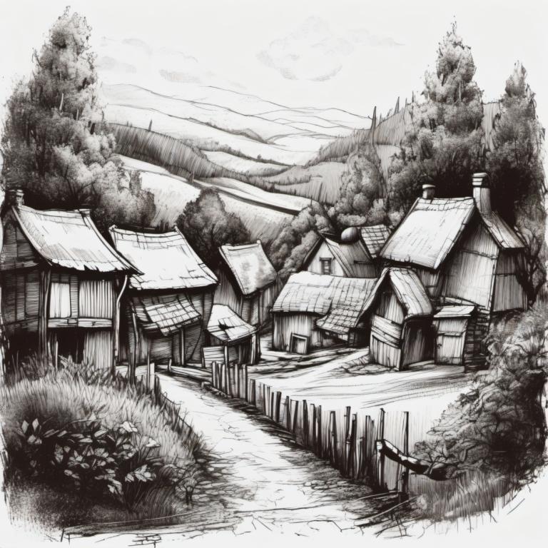 Sketch,Sketch, Village, village, monochrome, no humans, scenery, greyscale, traditional media, tree, house