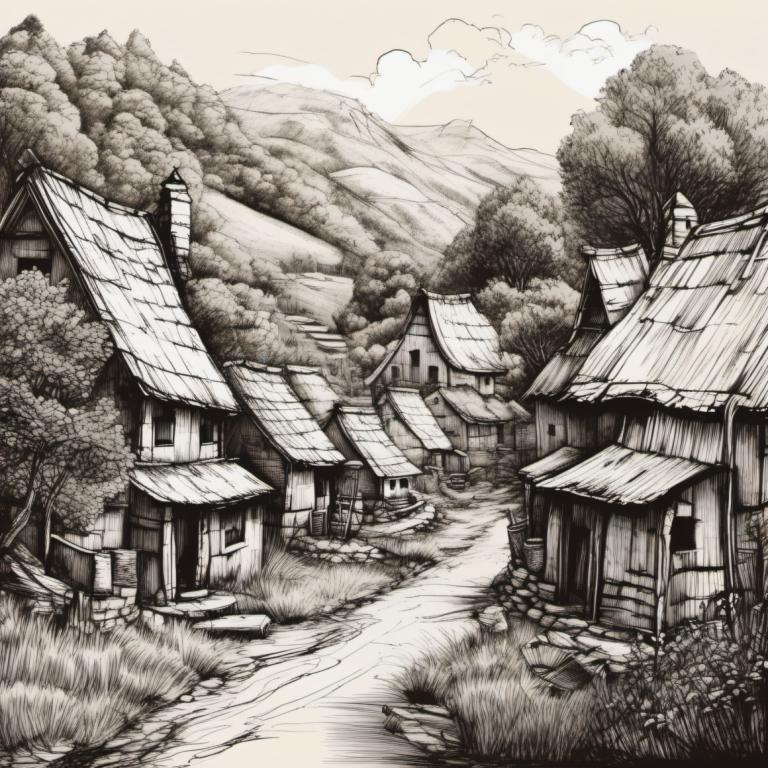 Sketch,Sketch, Village, village, no humans, scenery, tree, monochrome, house, outdoors, grass, sky, cloud