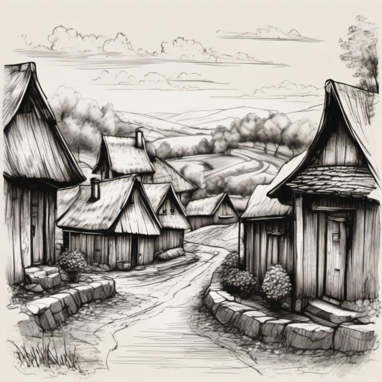 Sketch,Sketch, Village, village, no humans, monochrome, greyscale, scenery, traditional media, architecture