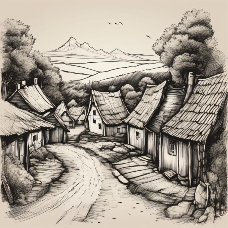 Sketch,Sketch, Village, village, no humans, monochrome, scenery, traditional media, house, tree, greyscale