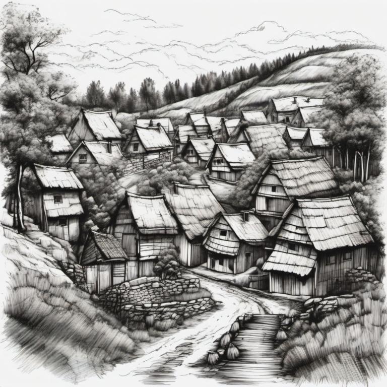 Sketch,Sketch, Village, village, no humans, monochrome, scenery, greyscale, tree, house, outdoors