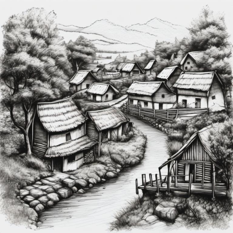 Sketch,Sketch, Village, village, monochrome, no humans, greyscale, scenery, tree, house, traditional media