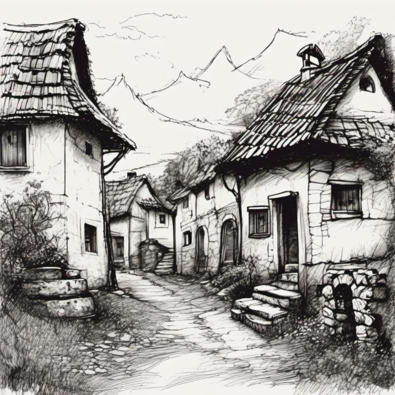 Sketch,Sketch, Village, village, monochrome, greyscale, no humans, house, scenery, tree, traditional media