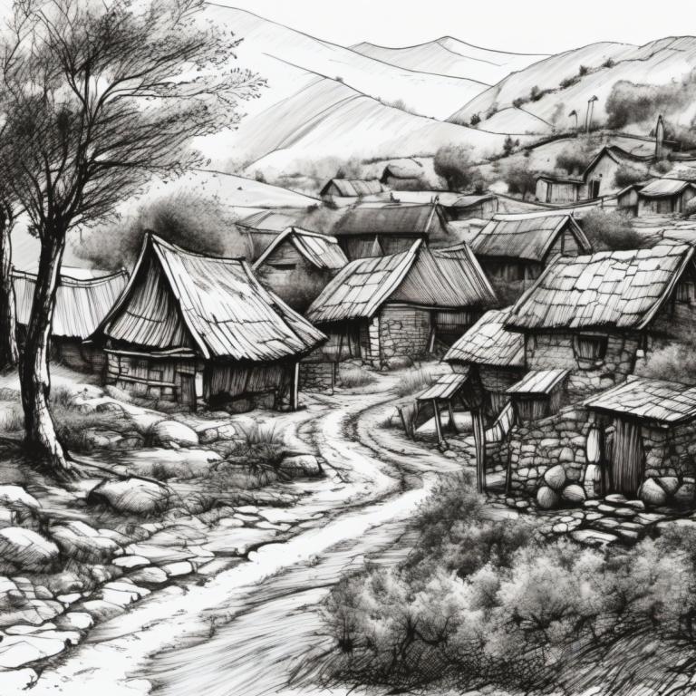 Sketch,Sketch, Village, village, no humans, monochrome, greyscale, east asian architecture, scenery, tree