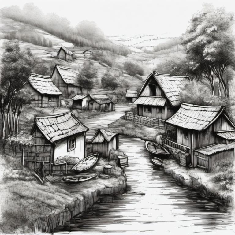 Sketch,Sketch, Village, village, monochrome, greyscale, no humans, scenery, tree, east asian architecture