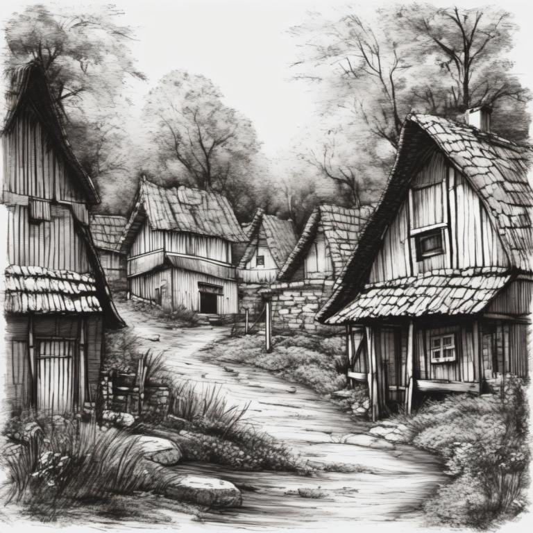 Sketch,Sketch, Village, village, monochrome, no humans, greyscale, tree, scenery, grass, house