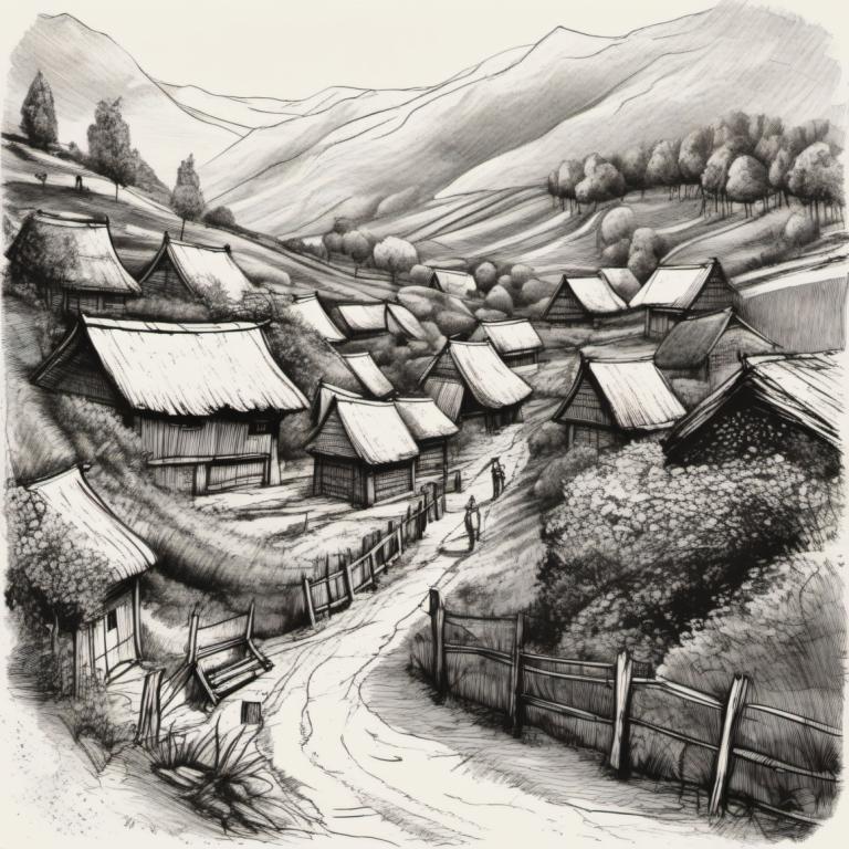 Sketch,Sketch, Village, village, monochrome, scenery, greyscale, no humans, traditional media, tree, house