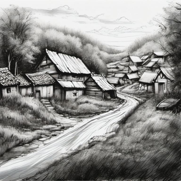 Sketch,Sketch, Village, village, monochrome, no humans, greyscale, tree, scenery, traditional media