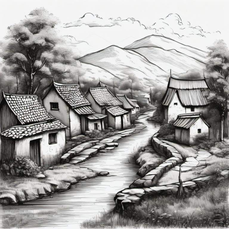 Sketch,Sketch, Village, village, no humans, monochrome, greyscale, scenery, tree, mountain, house, outdoors