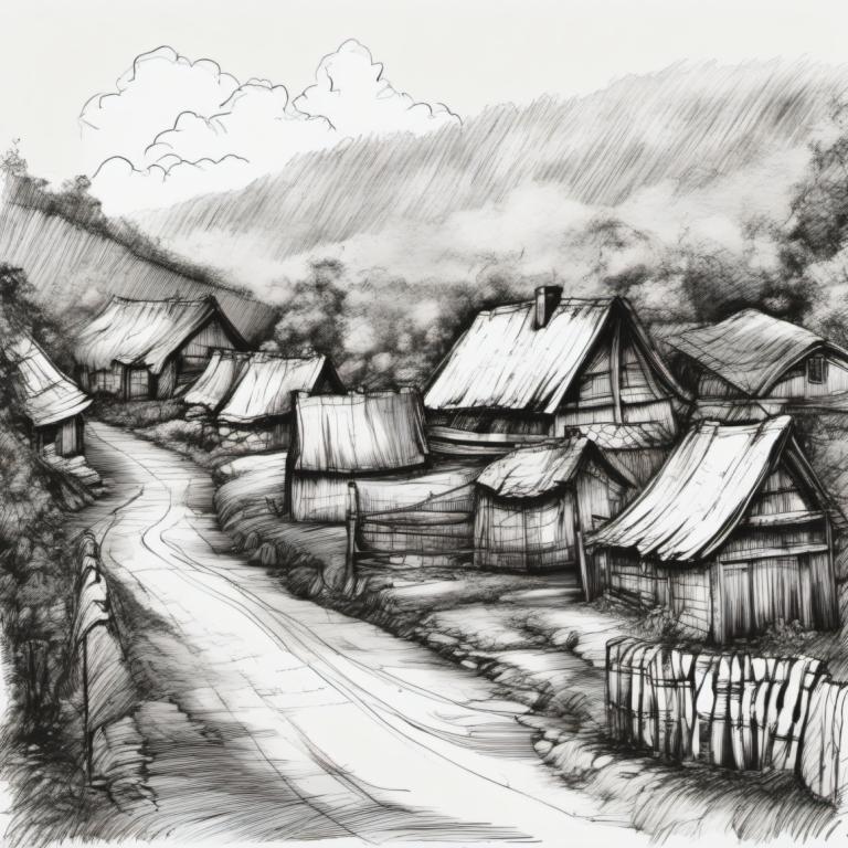 Sketch,Sketch, Village, village, monochrome, no humans, greyscale, scenery, east asian architecture