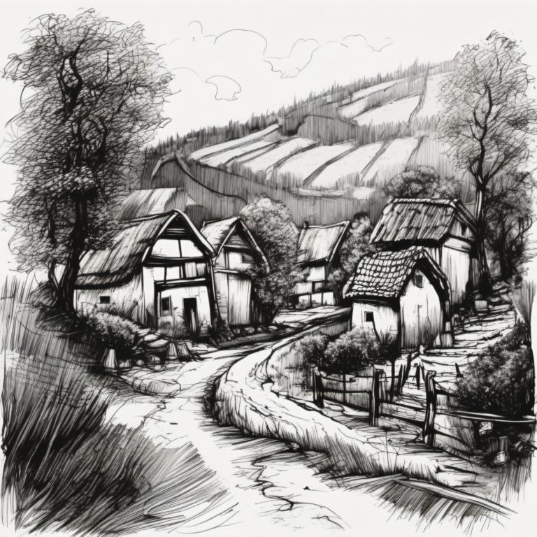 Sketch,Sketch, Village, village, monochrome, greyscale, no humans, tree, scenery, house, outdoors