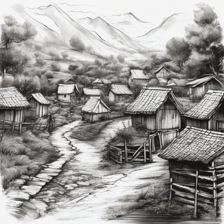 Sketch,Sketch, Village, village, no humans, monochrome, greyscale, scenery, traditional media, tree, outdoors