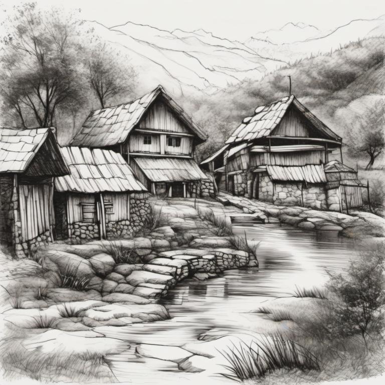 Sketch,Sketch, Village, village, no humans, monochrome, tree, greyscale, scenery, traditional media, outdoors