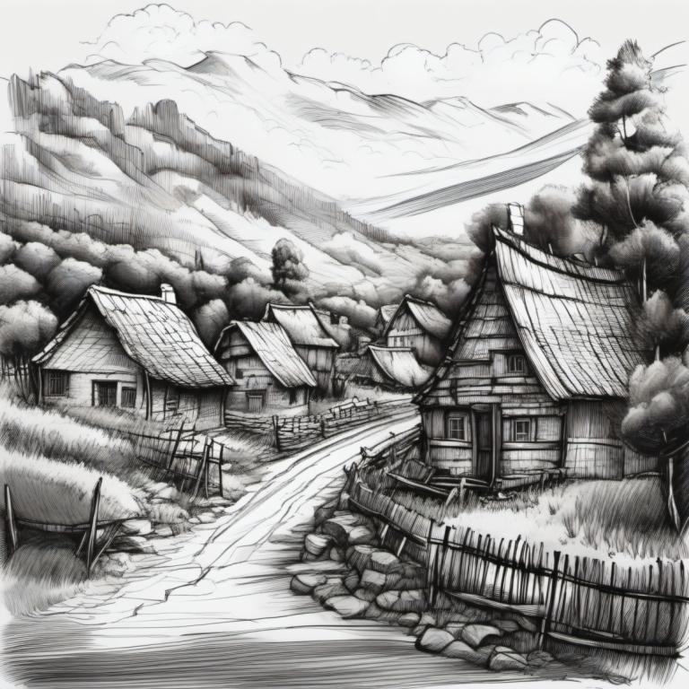 Sketch,Sketch, Village, village, monochrome, no humans, greyscale, scenery, tree, traditional media