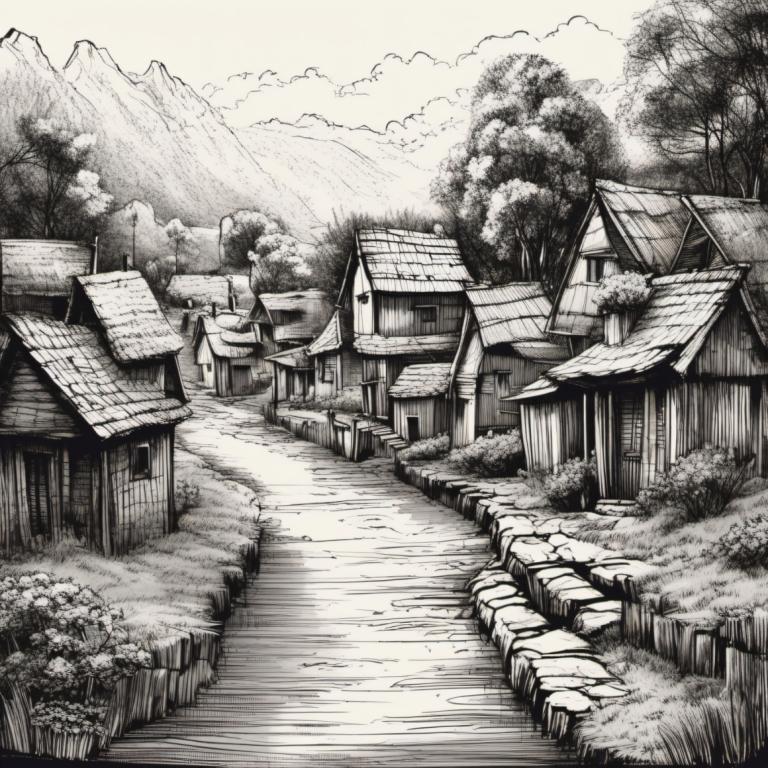 Sketch,Sketch, Village, village, no humans, monochrome, scenery, greyscale, tree, outdoors, traditional media