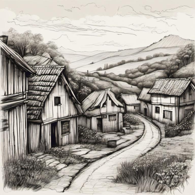 Sketch,Sketch, Village, village, no humans, monochrome, scenery, house, outdoors, traditional media, tree