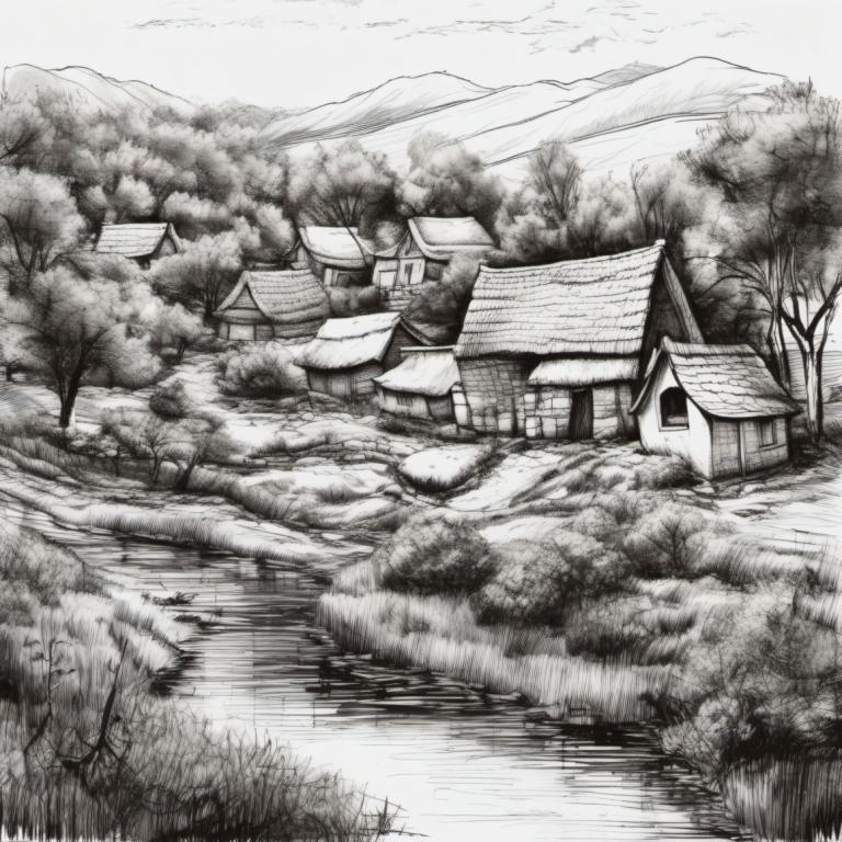 Sketch,Sketch, Village, village, monochrome, no humans, greyscale, scenery, tree, traditional media, outdoors