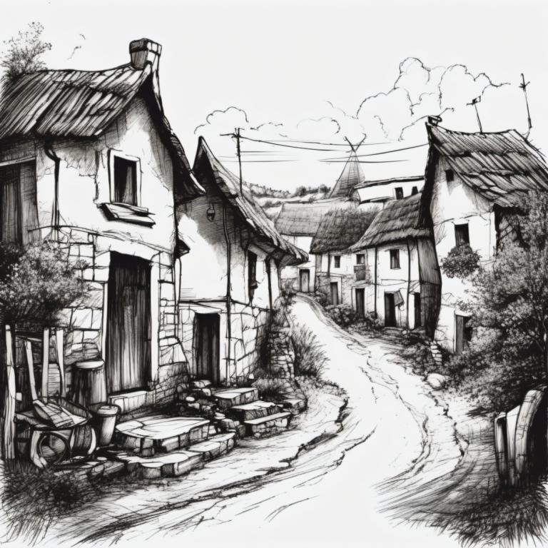 Sketch,Sketch, Village, village, monochrome, greyscale, no humans, road, scenery, house, outdoors, cloud, sky