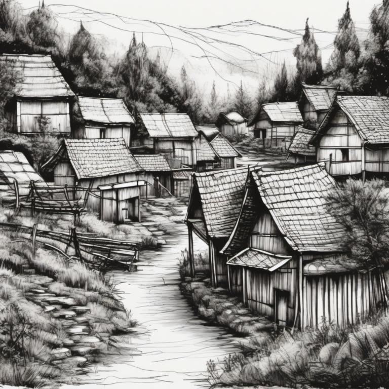 Sketch,Sketch, Village, village, monochrome, greyscale, no humans, scenery, traditional media, outdoors