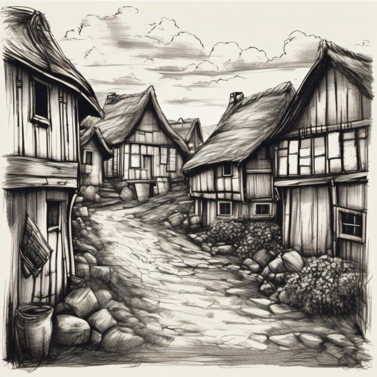 Sketch,Sketch, Village, village, no humans, monochrome, scenery, house, cloud, traditional media, sky