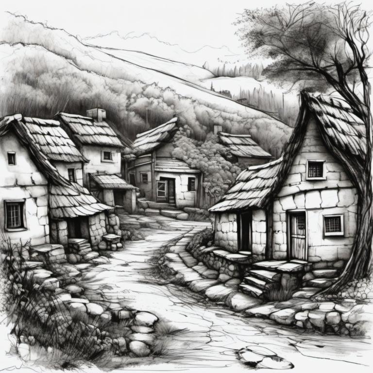 Sketch,Sketch, Village, village, no humans, monochrome, tree, greyscale, house, scenery, outdoors