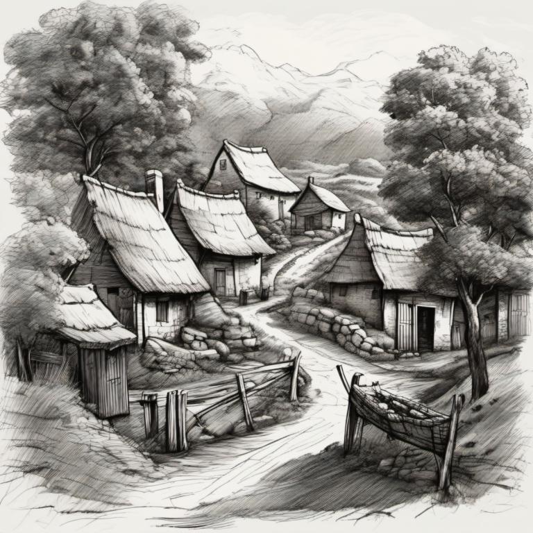 Sketch,Sketch, Village, village, monochrome, greyscale, tree, no humans, scenery, traditional media