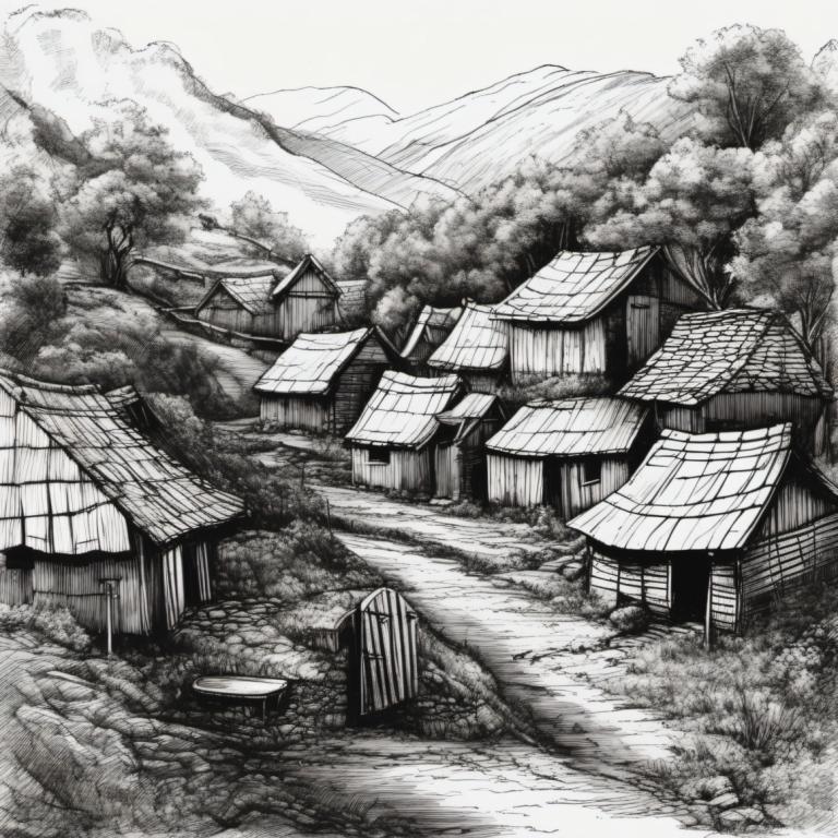 Sketch,Sketch, Village, village, no humans, monochrome, greyscale, scenery, tree, traditional media