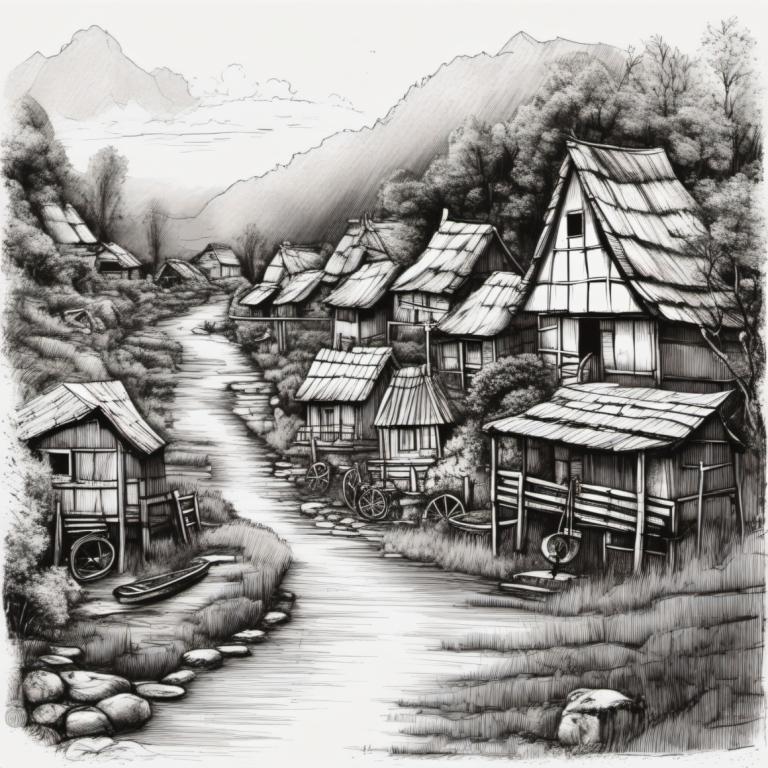 Sketch,Sketch, Village, village, monochrome, no humans, greyscale, scenery, rock, house, traditional media