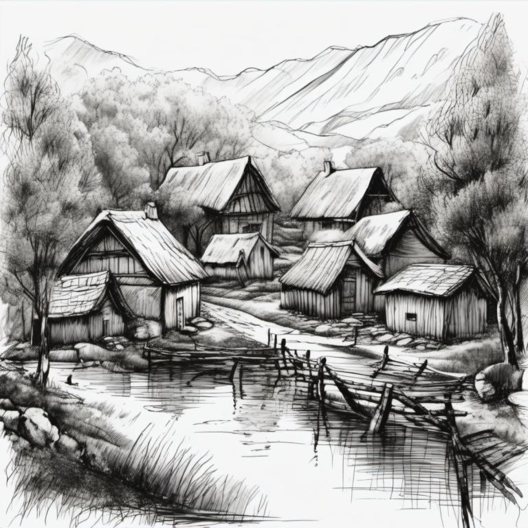 Sketch,Sketch, Village, village, monochrome, greyscale, tree, scenery, house, traditional media, no humans