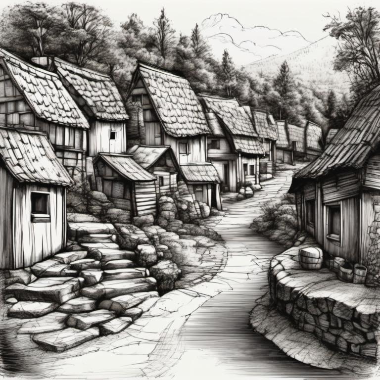 Sketch,Sketch, Village, village, no humans, monochrome, scenery, tree, greyscale, house, traditional media