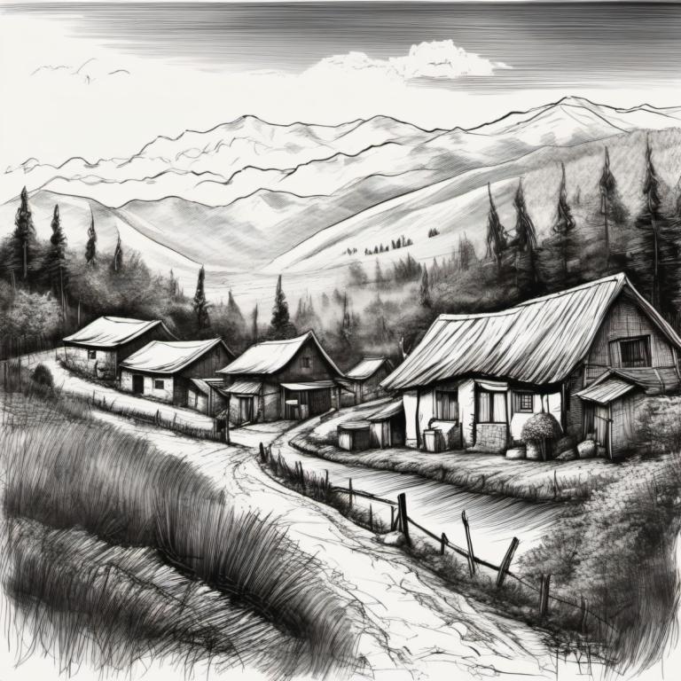 Sketch,Sketch, Village, village, monochrome, greyscale, scenery, no humans, house, outdoors, tree, mountain