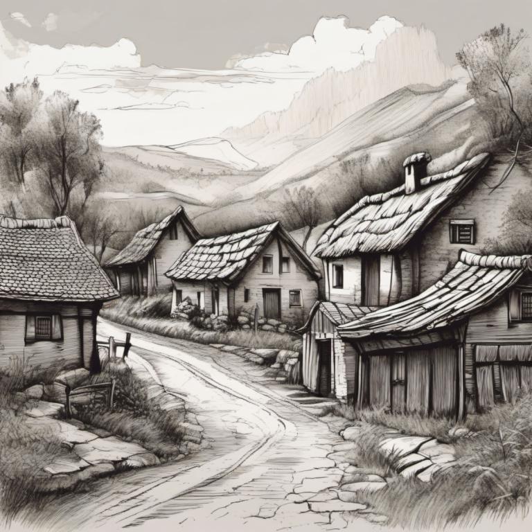 Sketch,Sketch, Village, village, no humans, monochrome, scenery, house, outdoors, tree, greyscale, grass