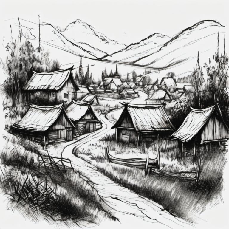 Sketch,Sketch, Village, village, monochrome, greyscale, no humans, scenery, tree, house, mountain, outdoors