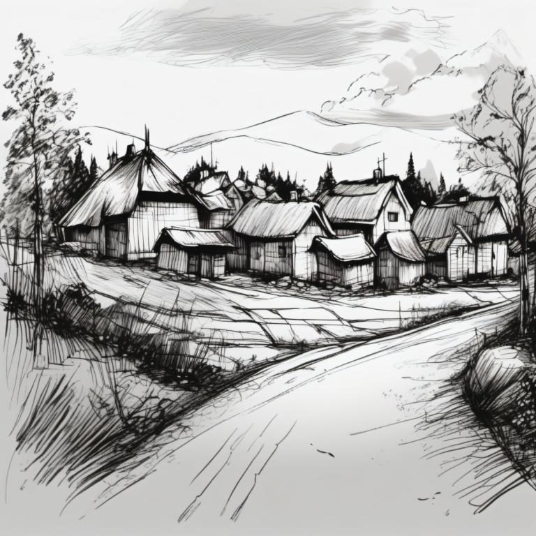 Sketch,Sketch, Village, village, monochrome, no humans, greyscale, tree, scenery, house, outdoors, cloud, sky