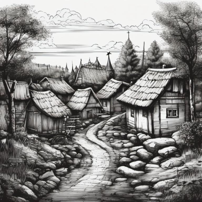 Sketch,Sketch, Village, village, monochrome, no humans, greyscale, tree, house, scenery, grass, outdoors