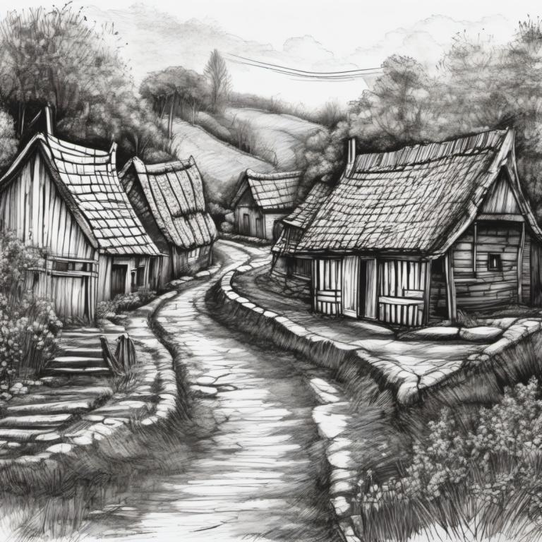 Sketch,Sketch, Village, village, monochrome, greyscale, no humans, scenery, tree, traditional media, stairs