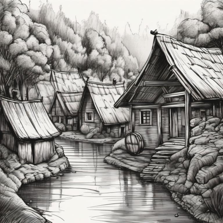 Sketch,Sketch, Village, village, monochrome, greyscale, scenery, tree, architecture, no humans