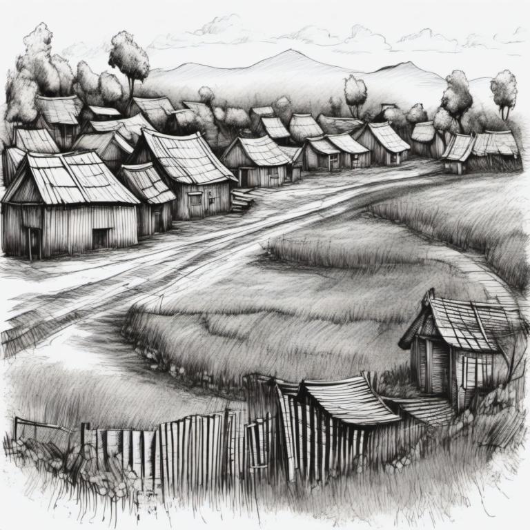 Sketch,Sketch, Village, village, monochrome, no humans, greyscale, scenery, traditional media, tree, outdoors