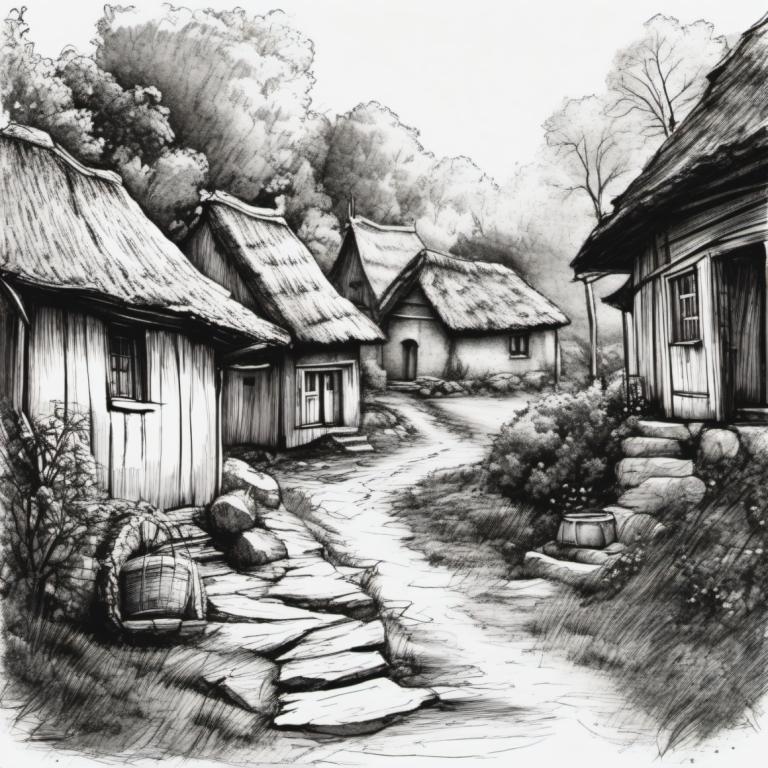 Sketch,Sketch, Village, village, no humans, monochrome, greyscale, tree, house, scenery, traditional media