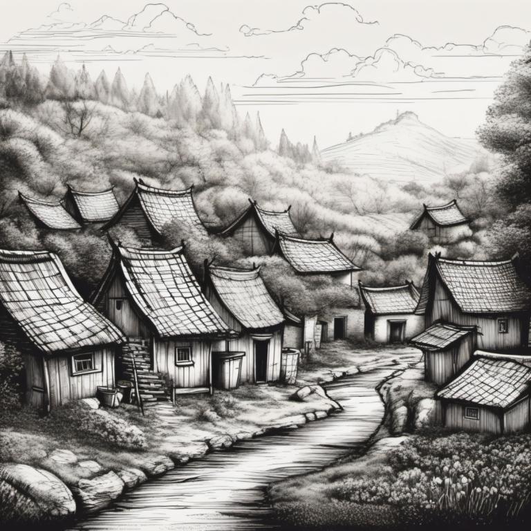 Sketch,Sketch, Village, village, no humans, monochrome, scenery, greyscale, cloud, traditional media