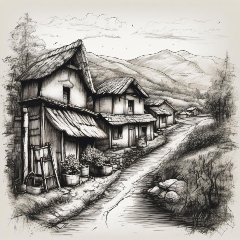 Sketch,Sketch, Village, village, no humans, monochrome, house, scenery, greyscale, traditional media