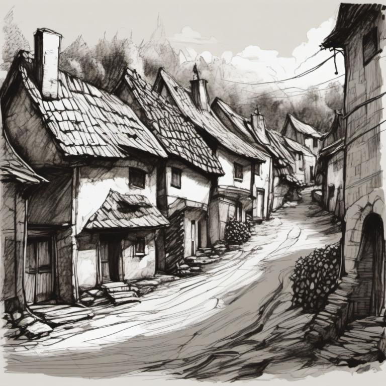 Sketch,Sketch, Village, village, monochrome, no humans, scenery, greyscale, house, outdoors, road, building