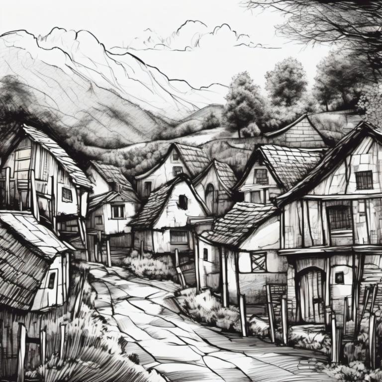 Sketch,Sketch, Village, village, monochrome, no humans, scenery, greyscale, tree, house, outdoors